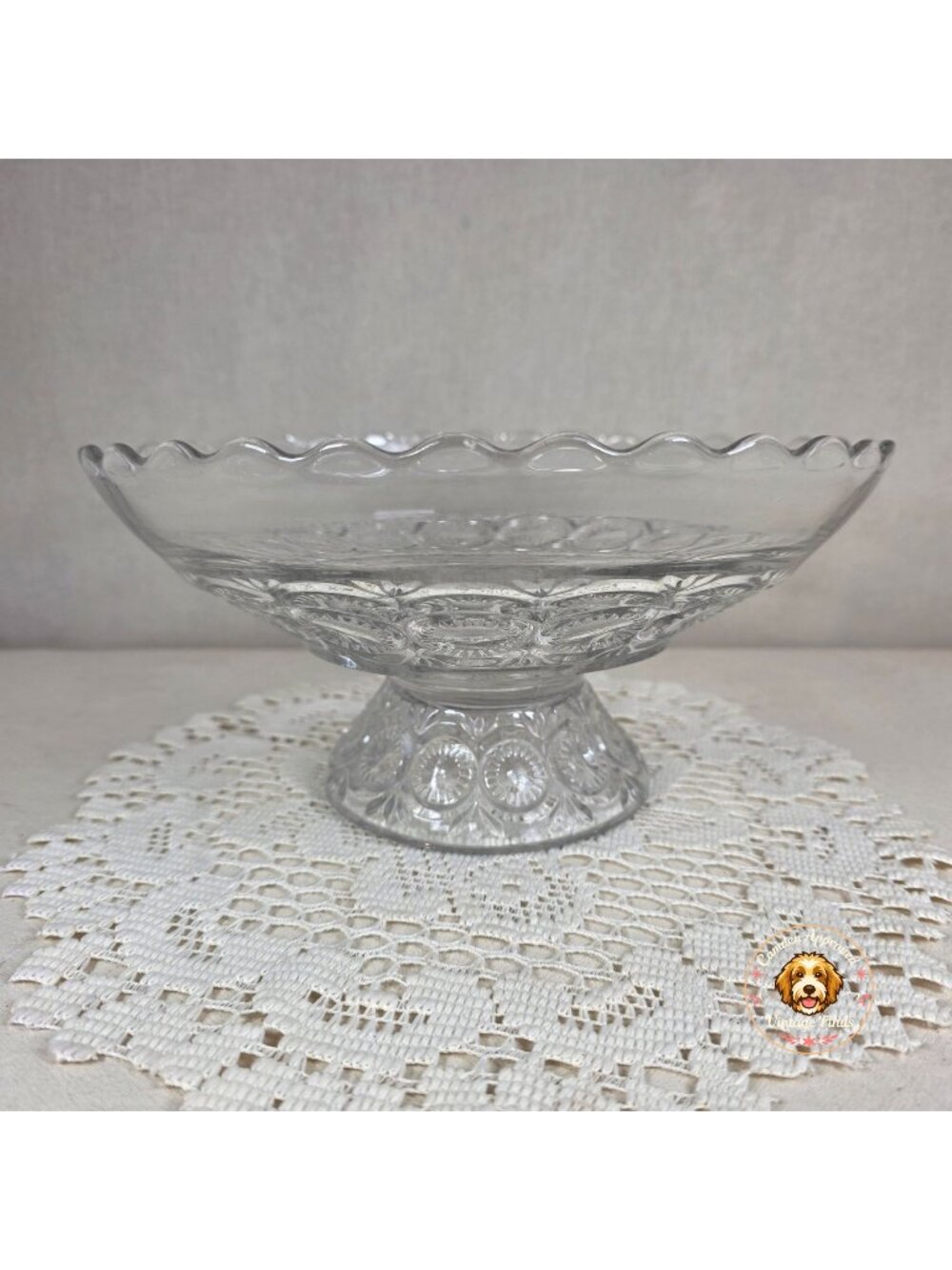 Vintage Clear Pressed Glass Footed Compote Bowl Scalloped Rim Centerpiece